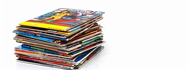 Stack of colorful comic books isolated on white background