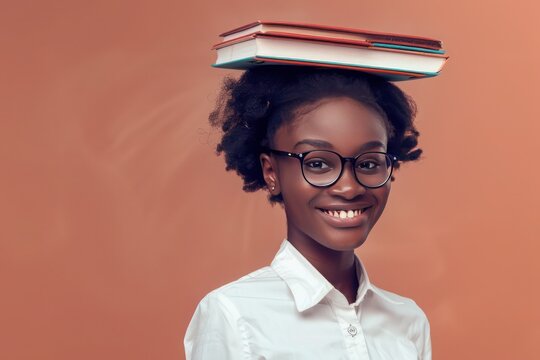 Black schoolgirl with books on her head, smiling wide on a textured light copper background,