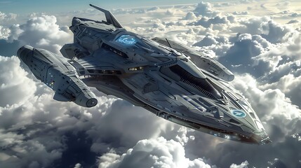 Fictional thrills and modern ship flies over the clouds very detailed and realistic shape
