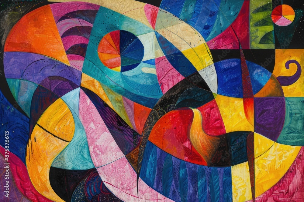 Poster artwork with vibrant abstract shapes and circles in red, yellow, and blue, creating a dynamic and co