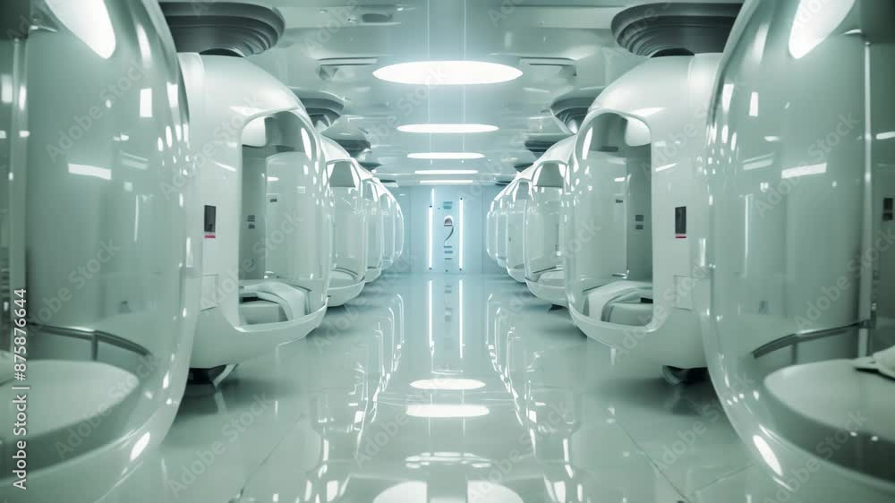 Wall mural Futuristic floating pods transporting medical supplies through a bustling high-tech cityscape, Floating pods transporting medical supplies through a sleek, automated facility