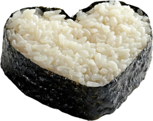 Heart-shaped sushi wrapped in nori, filled with white rice and topped with delicate fish roe, symbolizing love for Japanese cuisine.