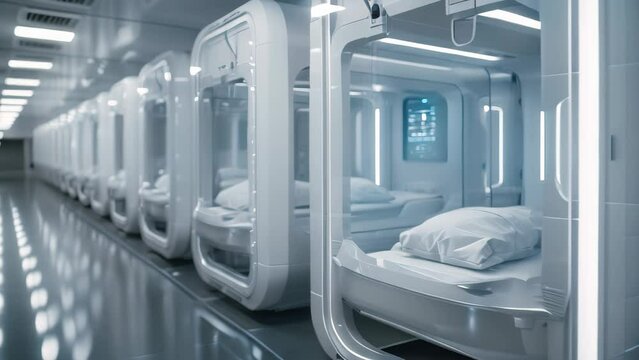 Futuristic hospital hallway with neatly lined hospital beds and floating pods transporting medical supplies, Floating pods transporting medical supplies through a sleek, automated facility