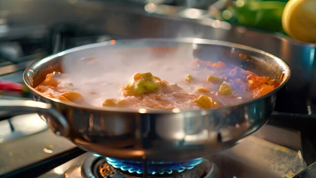 A pan filled with fragrant curry is cooking on a stovetop, releasing delicious smells into the kitchen, Fragrant bowl of curry simmering on a stovetop