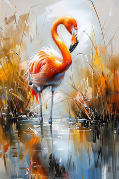 Flamingo in the Wild.  Generated image.  A digital illustration of an oil painting of a flamingo in the wild wading in water.
