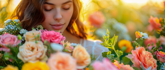 Fototapeta premium Beautiful Woman Holding a Pink Rose Bouquet