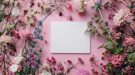 Obraz premium Delicate and Colorful Floral Arrangement with Blank Notepaper on Pink Background