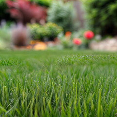  showcases a lush green lawn, dotted with vibrant red flowers in the foreground, and a backdrop of colorful trees and shrubs.