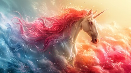 Watercolor painting of a whimsical unicorn, copy space banner, vintage background 