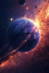 Obraz premium planet with shine stars and satelites around dark space background, orange, blue and purple, flat illustration