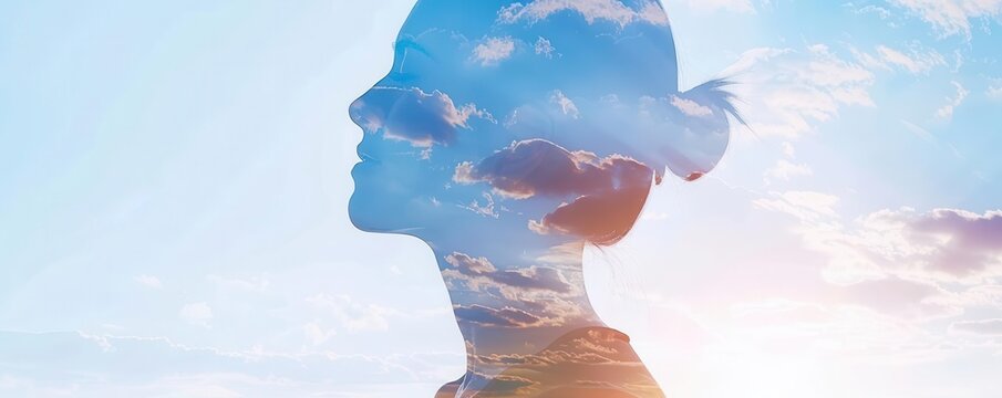 Meditation routine, mindfulness session, stress relief program close up, focus on, copy space Calm and soothing colors Double exposure silhouette with meditation pose