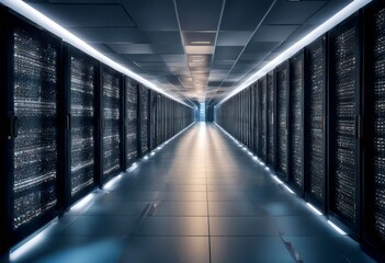 Obraz premium long rows center servers data hallway computer network infrastructure technology digital information storage processing server rack