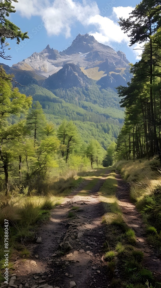 Canvas Prints The dirt road through the lush green forest leads to the snow-capped mountain