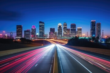 Fototapeta premium Night Road Lights, Speed Highway Motion, Night Traffic Cityscape, Modern Illuminated Light Trail