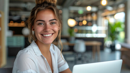 Fototapeta premium Cheerful woman using laptop in modern office, smiling at camera. Positive work environment.