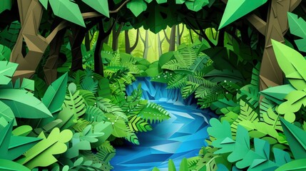  serene green mountain landscape in paper cut style, featuring fluffy clouds hovering above and a small paper village nestled in the foothills.