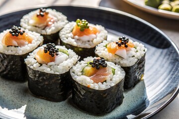 Japanese food. Sushi rolls California, Philadelphia with eel, red caviar and salmon. The concept of the sushi bar menu.