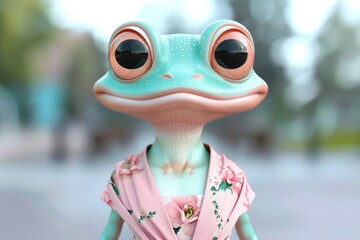 A unique and imaginative portrait of a female frog with anthropomorphic traits, dressed in a casual floral print dress. This whimsical and detailed artwork highlights the character's charm and style