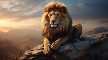 A lion sitting on top of a rocky hill