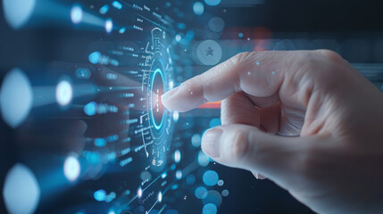 Businessman using holographic interface for digital tools in futuristic setting.