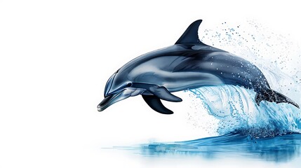 Fototapeta premium Create a cute watercolor image of a smiling dolphin leaping out of the ocean, with bright blues and playful waves. copy space for text, focus cover all aspects, deep depth of field, no dust