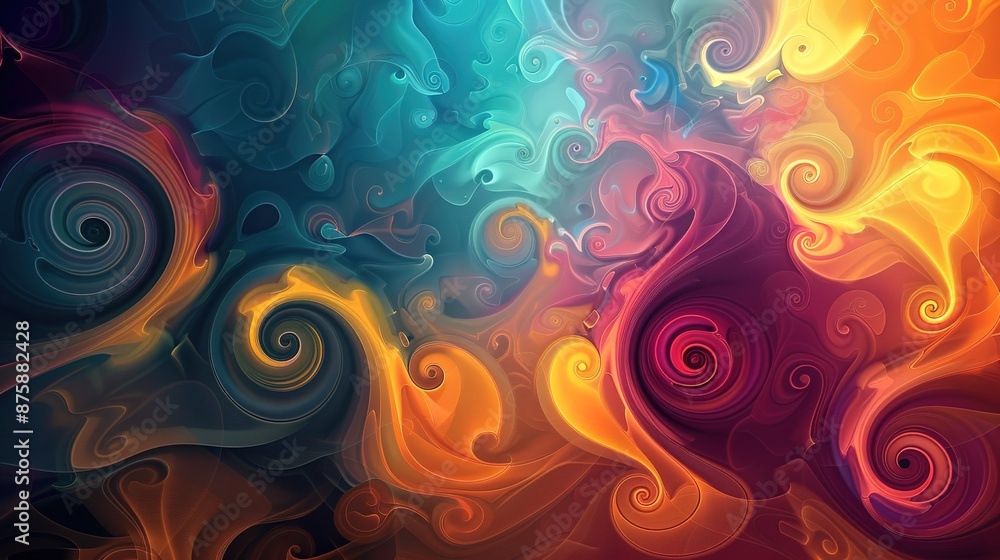 Poster dynamic, colorful background with swirling, abstract shapes and patterns