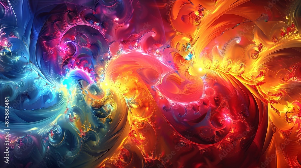 Poster dynamic, colorful background with swirling, abstract shapes and patterns