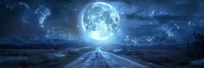 Fantasy Fairy Tale Full Moon Illuminates the Night Road, Shining Moonlight, Road to Huge Moon,
