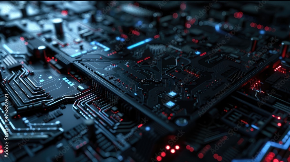 Poster the image shows a close-up of a computer circuit board with red and blue lights.