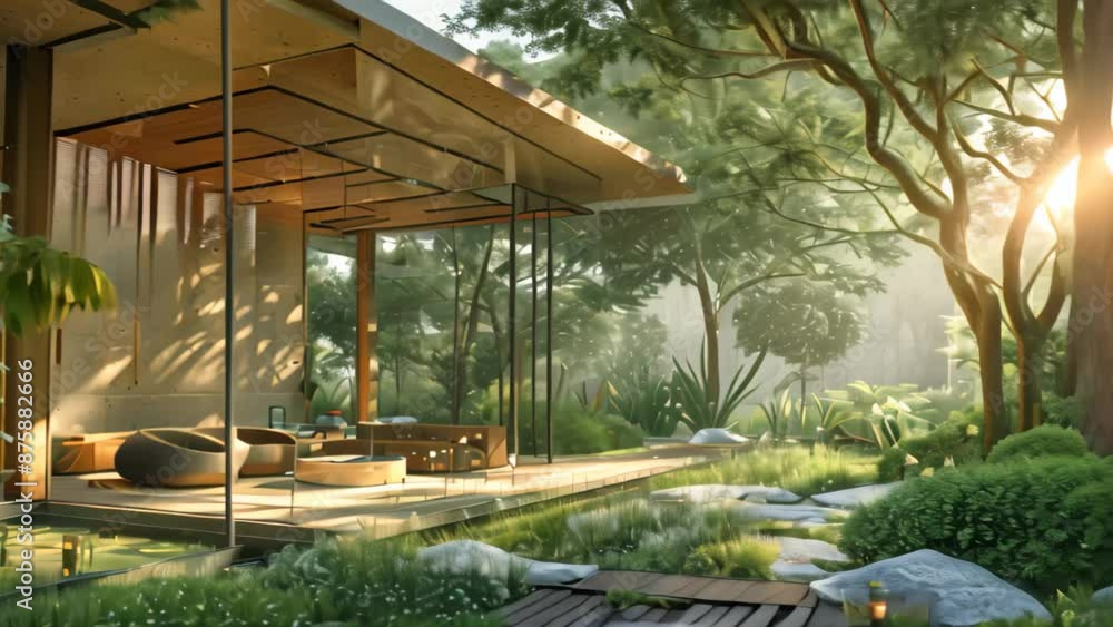 Poster a house surrounded by rocks and trees in the heart of a dense forest, fuse elements of nature into y