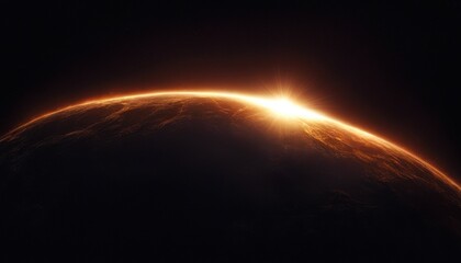 Celestial sunrise over a distant planet, bathed in warm, golden light.