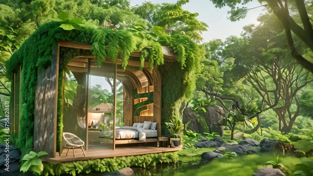 Poster a wooden cabin stands in the dense jungle, blending into the lush greenery of its surroundings, fuse