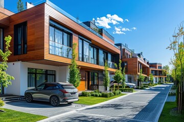A modern residential house with an empty street in front, surrounded by lush summer greenery and an unoccupied parking place. The scene highlights the tranquility and elegance of suburban living