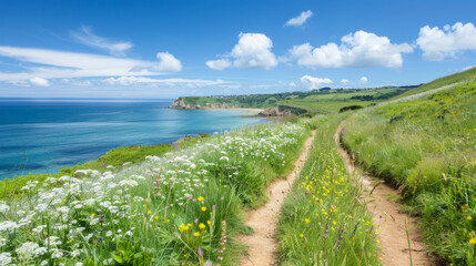 Discover a hidden beach on a scenic coastal path with lush greenery and wildflowers.