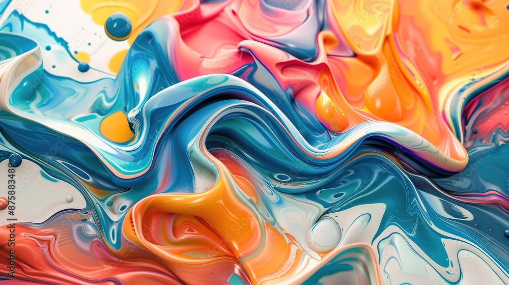 Poster dynamic composition featuring colorful, overlapping waves and fluid forms