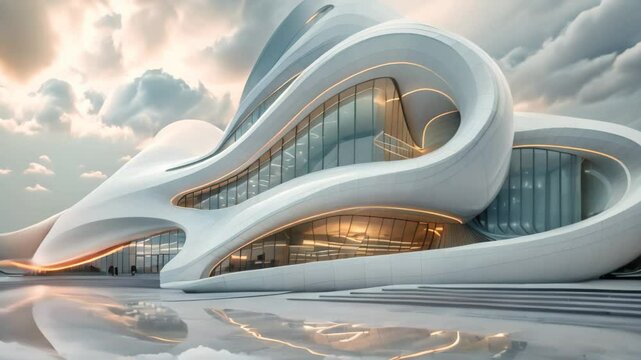 A modern white building featuring unique curves in its architecture, Futuristic architecture of a conference center