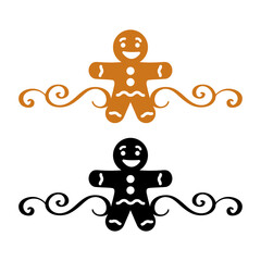 Logo postre de Navidad. Silueta de hombre de pan de jengibre con línea de decoración de caligrafía como marco para felicitaciones y tarjetas