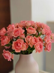 Obraz premium Elegant bouquet of vibrant pink roses in a simple, matte vase, beautiful arrangement creates a serene and inviting ambiance, making it an ideal centerpiece to enhance any room with touch of nature
