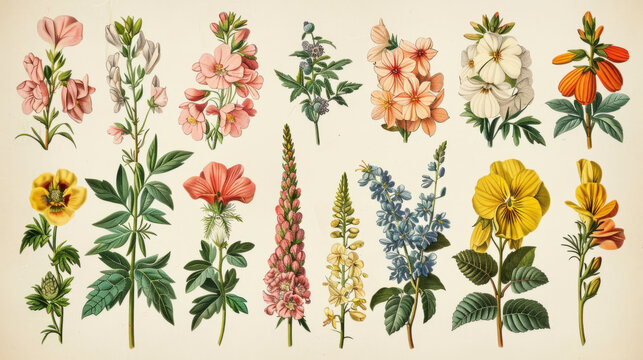 Exquisite vintage botanical illustration of various flowers and florals.