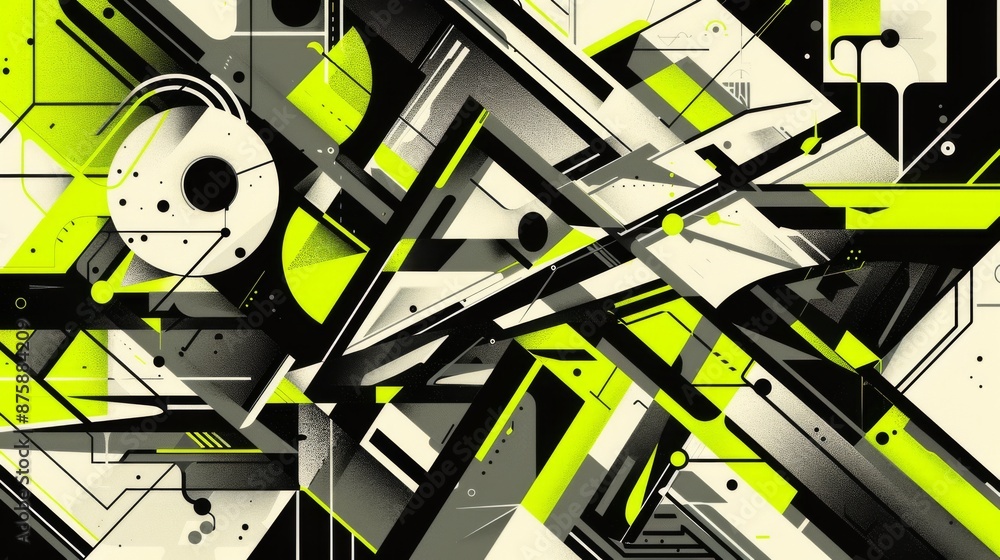 Poster abstract geometric shapes and lines in neon green, black, and white create a vibrant and dynamic com