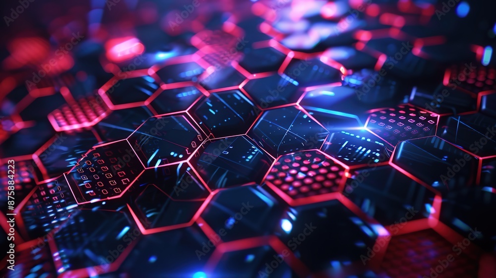 Aufkleber futuristic hexagonal grid with pulsating lights on dark background