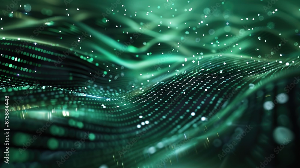 Poster digitized data deluge: surreal binary streams in green and black tones