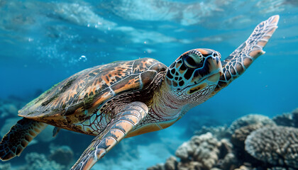 Fototapeta premium Write about a marine biologist who uses a portrait of a happy sea turtle to study the behavior and emotions of marine animals. What discoveries do they make, and how does the portrait contribute