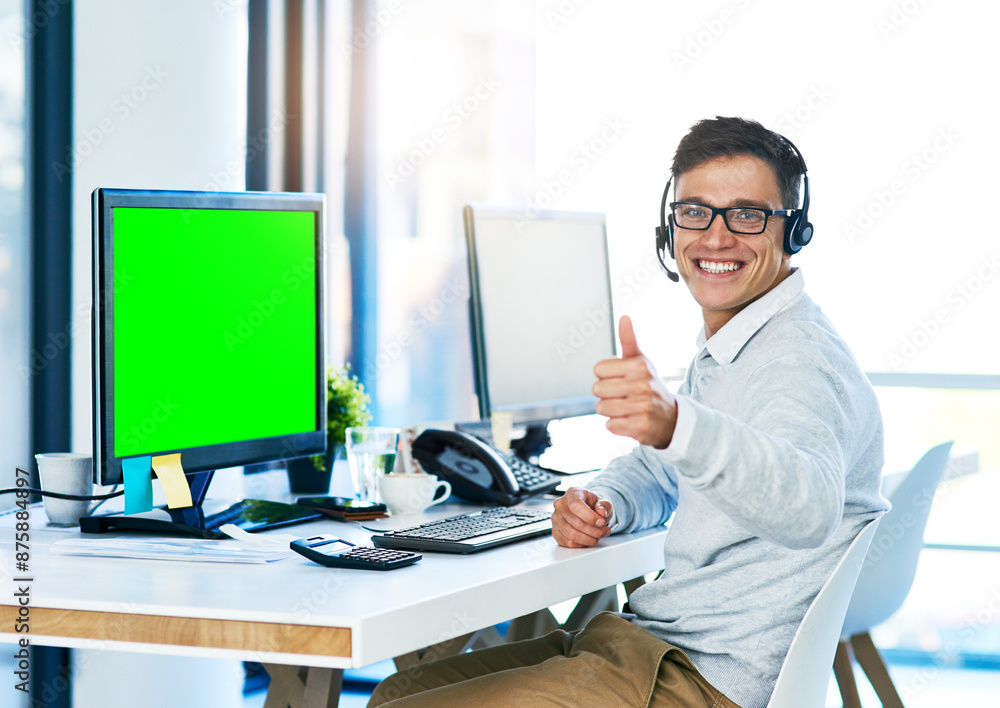 Poster happy man, computer and thumbs up with green screen in portrait with virtual assistant, headset and 