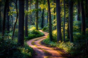 A whimsical forest path with curving trees and vibrant, dreamy light filtering through the canopy, captured on a medium format camera for exquisite detail