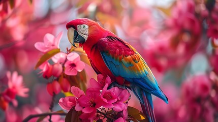 Obraz premium Gorgeous parrot perched atop a pink flower covered branch very detailed and realistic shape