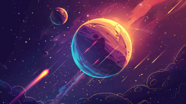 planet with shine stars and satelites around dark space background, orange, blue and purple, flat illustration