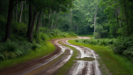 Fototapeta premium A dirt road into the forest during the rainy season.