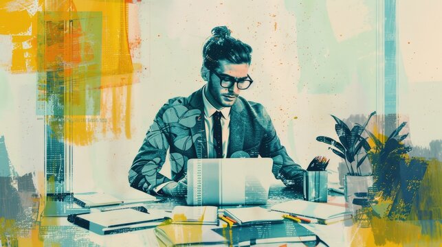 Confident businessman working on laptop in modern office.