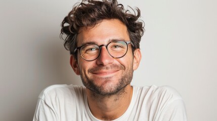 Obraz premium Portrait of a smiling young man with glasses and curly hair